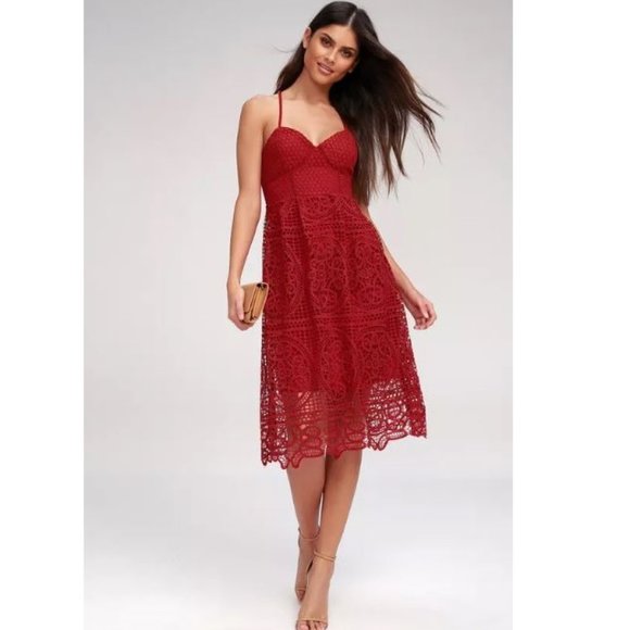 Lulus Dresses & Skirts - Lulus Real Life Dream Berry Red Lace Midi Dress